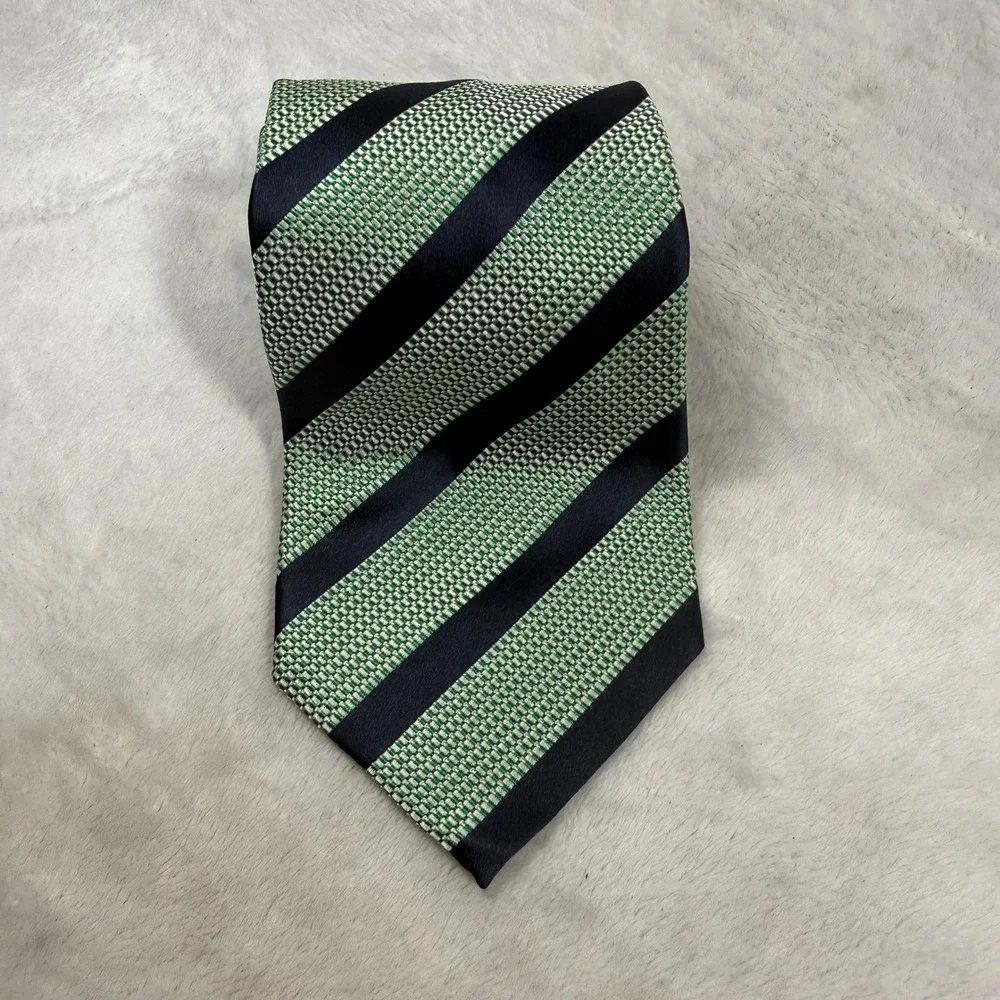 Banana Republic Mens Silk Tie Green Navy Blue Striped Basketweave Woven RN54023